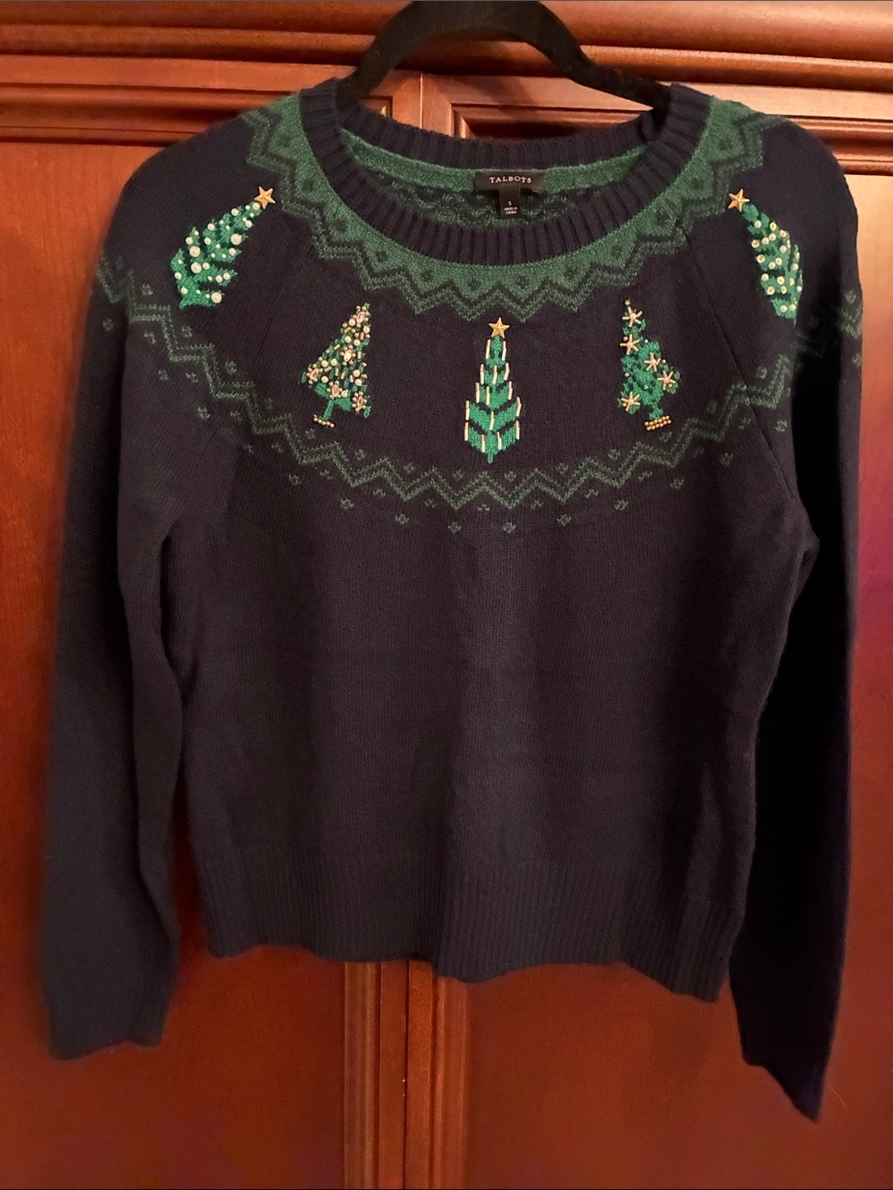 Talbots Navy Crewneck Sweater with Green Embellished Trees